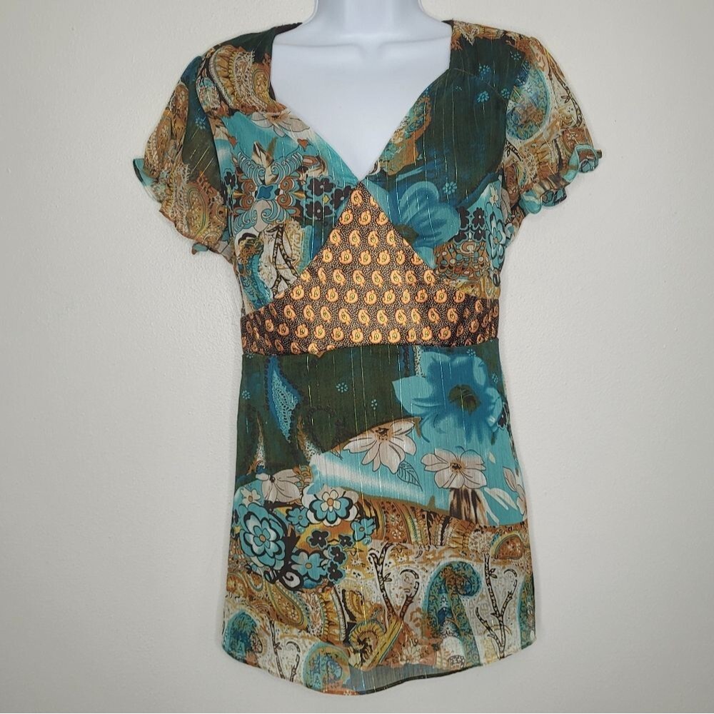 Ny Collection y2k blue brown mixed print tie back babydoll going out top large